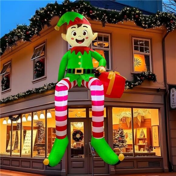 8 FT Christmas Inflatable Outdoor Decorations, Sitting Elf Holding Gift Bag - Picture 1 of 8